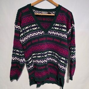 Paris Sport Club Worldwide Women’s V-neck Sweater Geometric Fair Isle Size Med